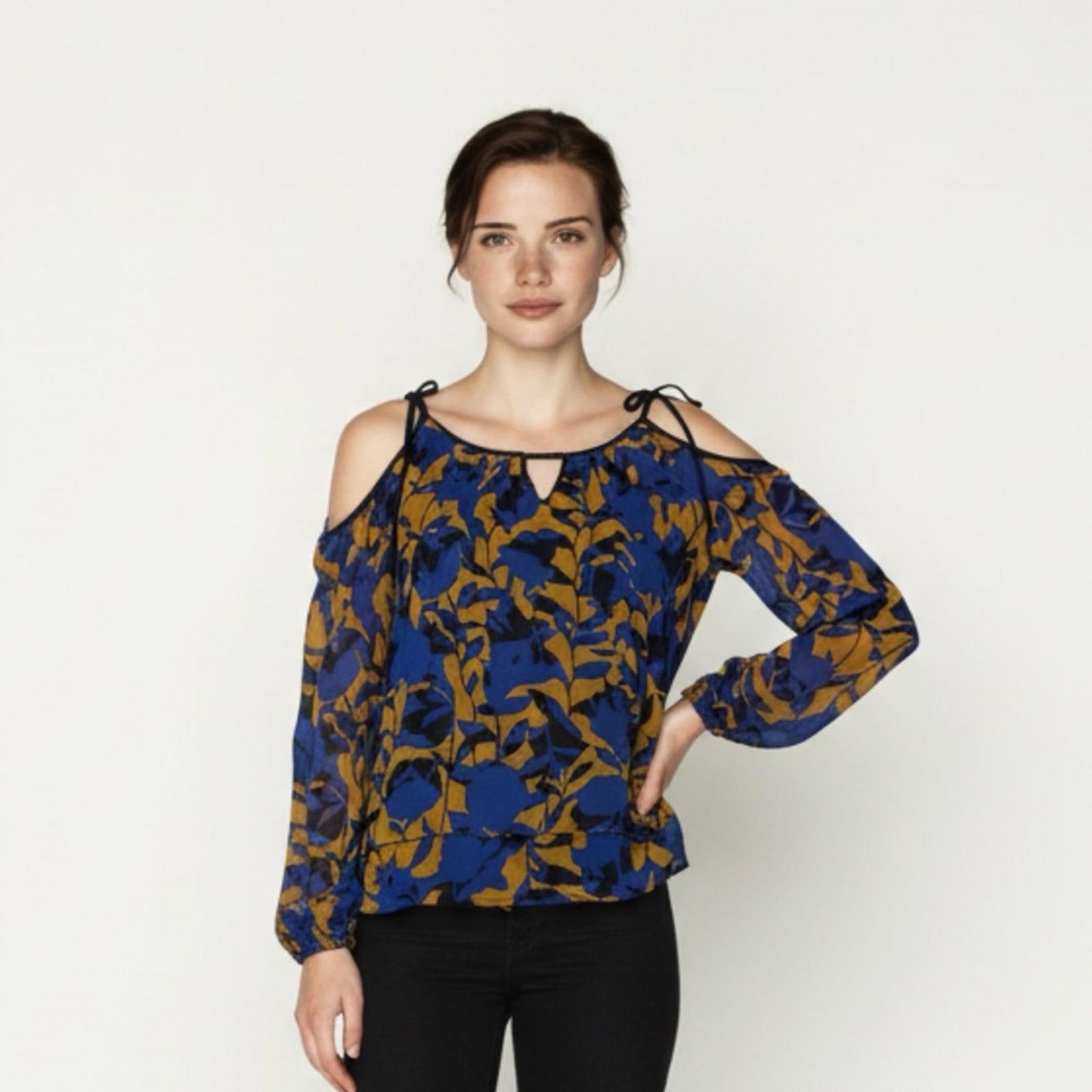 Pre-Love Elegant Women's Cold Shoulder Blouse in Blue and Gold