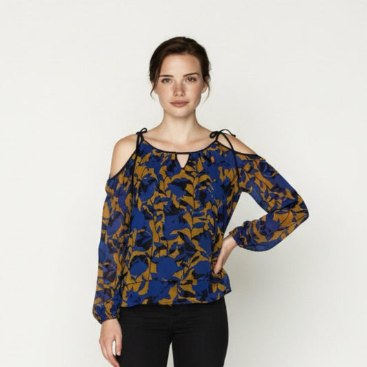 Pre-Love Elegant Women's Cold Shoulder Blouse in Blue and Gold