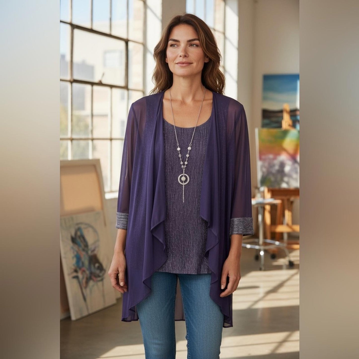 R & M Richards Elegant Purple Women's 3 pc set blouse cardigan necklace