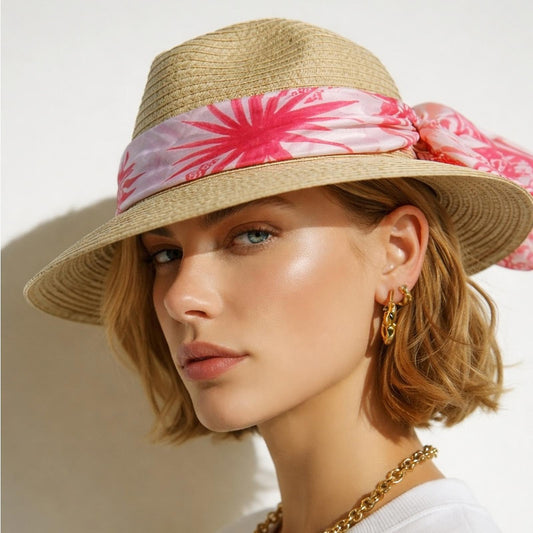 Elegant Tan Sun Hat with pink Accent