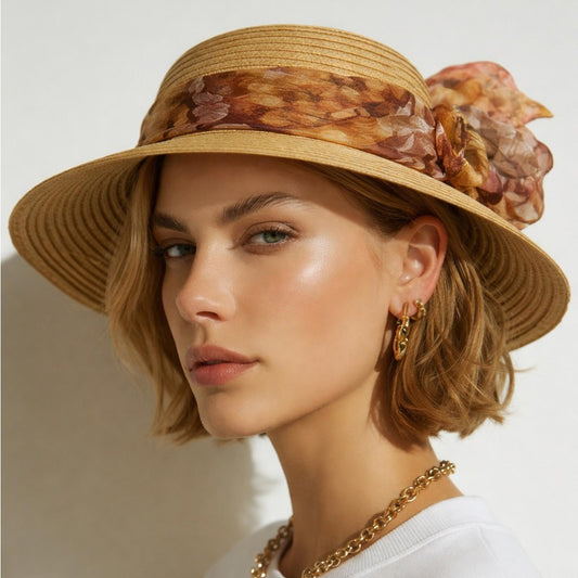 Elegant Tan Sun Hat with Floral Accent