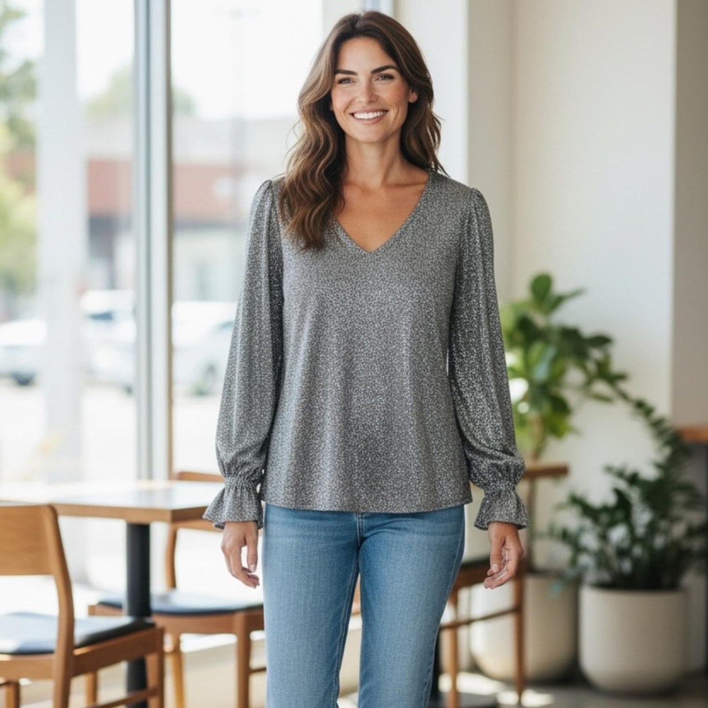 Vince Camuto Gray V-Neck Blouse with Long Sleeves