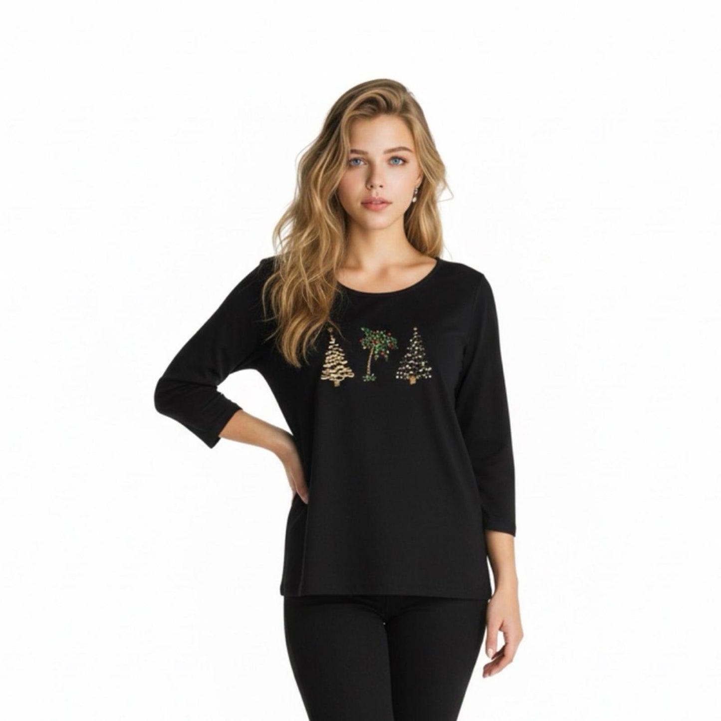 Pre-Love Karen Scott Black Top with Gold and Green Accents