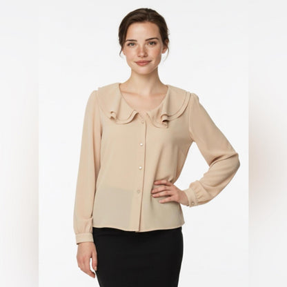 Pre-Love Chic Beige Women's Blouse with Ruffled Neckline