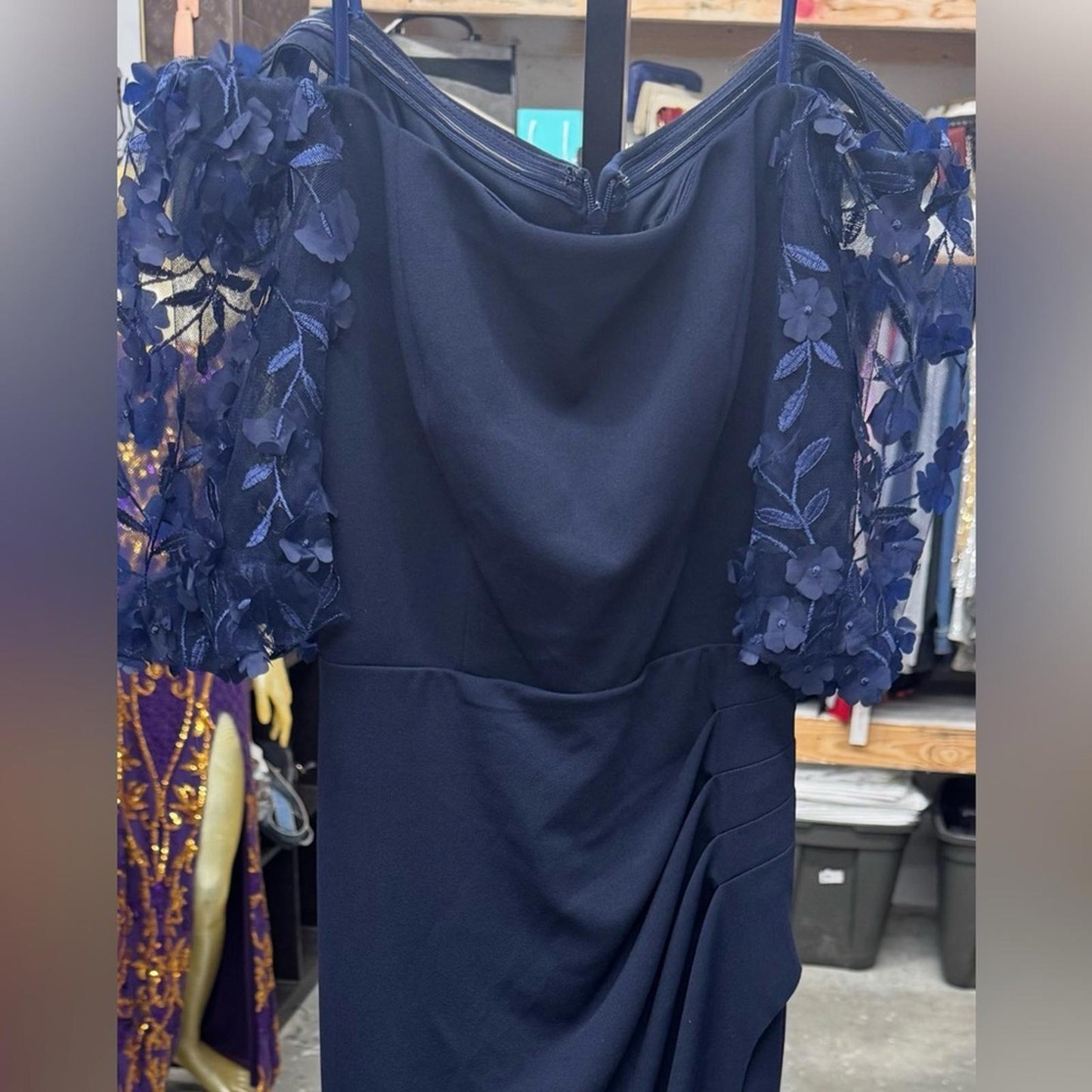 Xscape Navy Blue Cold Shoulder Maxi Dress