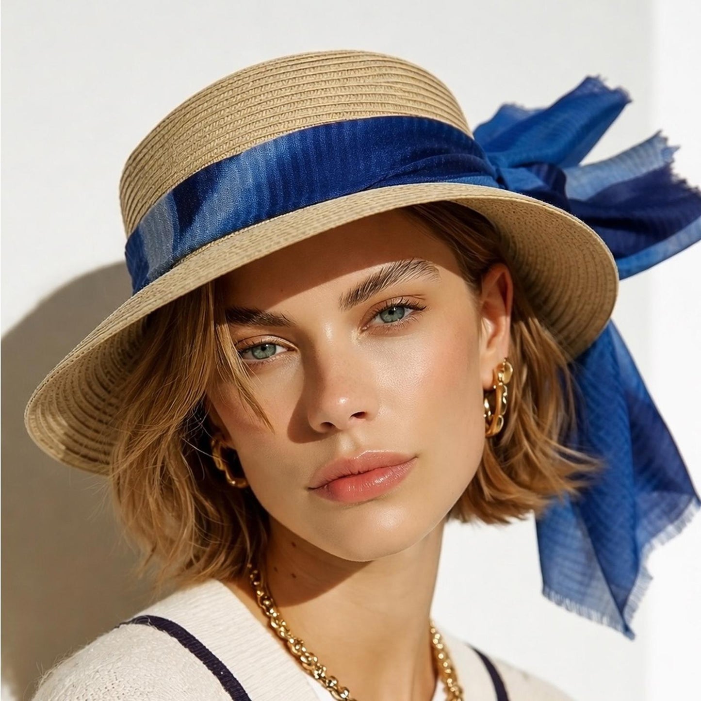 Elegant Tan Sun Hat with Blue Accent