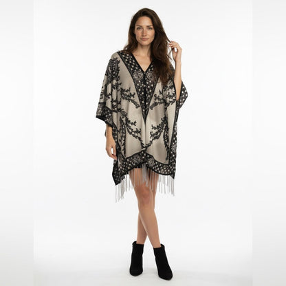 Pre-Love Elegant Black and Cream Patterned Poncho