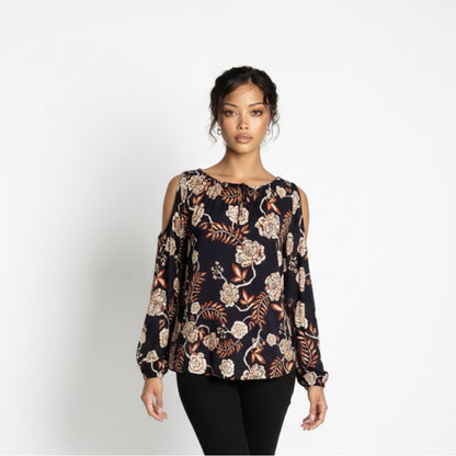 Pre-Love Style & Co. Floral Cold Shoulder Blouse - Black and Tan