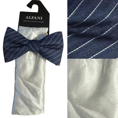 Alfani Navy Striped Bow Tie and White Pocket Square Set