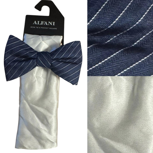 Alfani Navy Striped Bow Tie and White Pocket Square Set