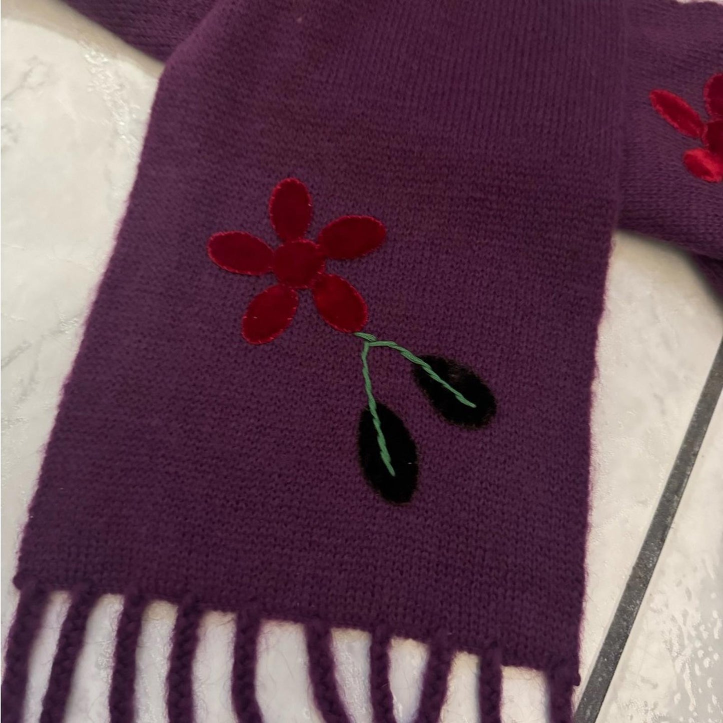 Pre-Love Elegant Purple Scarf with Floral Embroidery