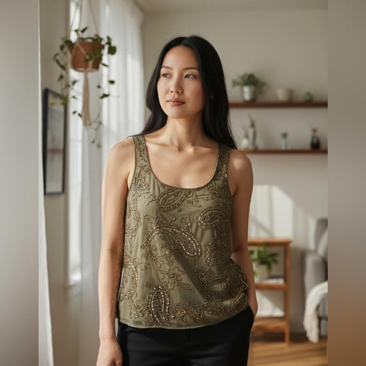 Lauren Ralph Lauren Embellished Olive Green Tank Top
