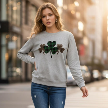 Amazon Gray Sweatshirt with Green and Brown Shamrock Design