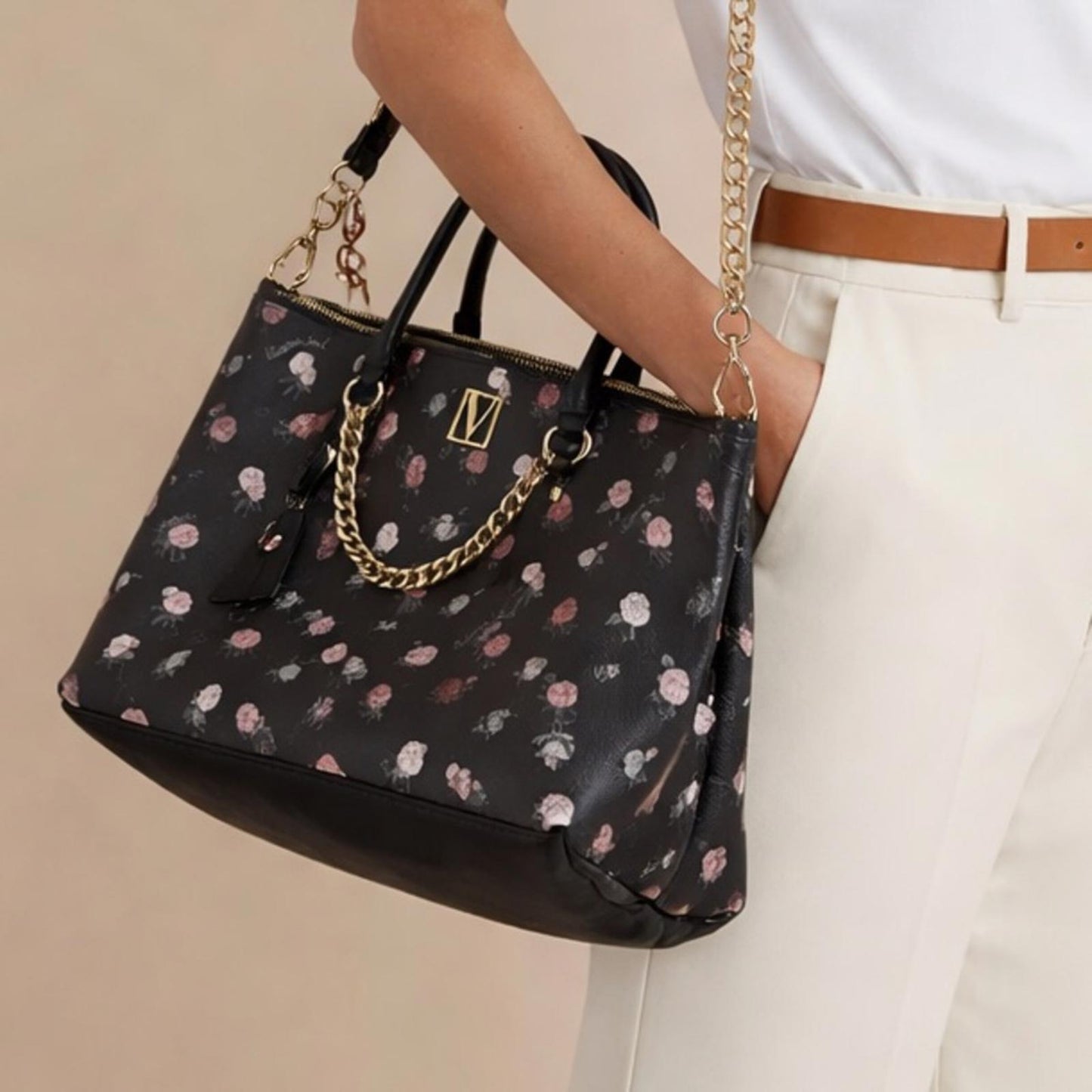 Pre-Love Victoria's Secret Black and Pink Floral Shoulder Bag