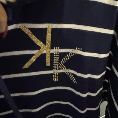 Pre-Love Kardashian Kollection Navy and White Striped Hoodie with Gold Accent