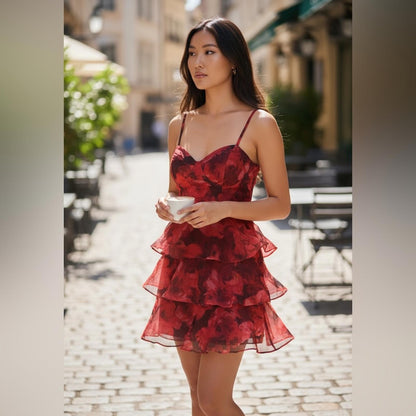 BCX Elegant Red Floral Tiered Dress