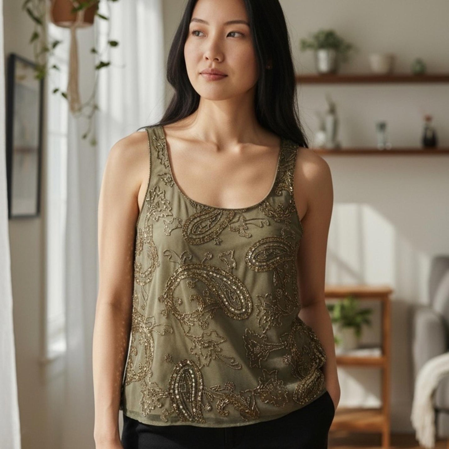 Lauren Ralph Lauren Embellished Olive Green Tank Top