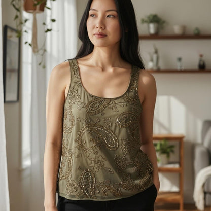 Lauren Ralph Lauren Embellished Olive Green Tank Top