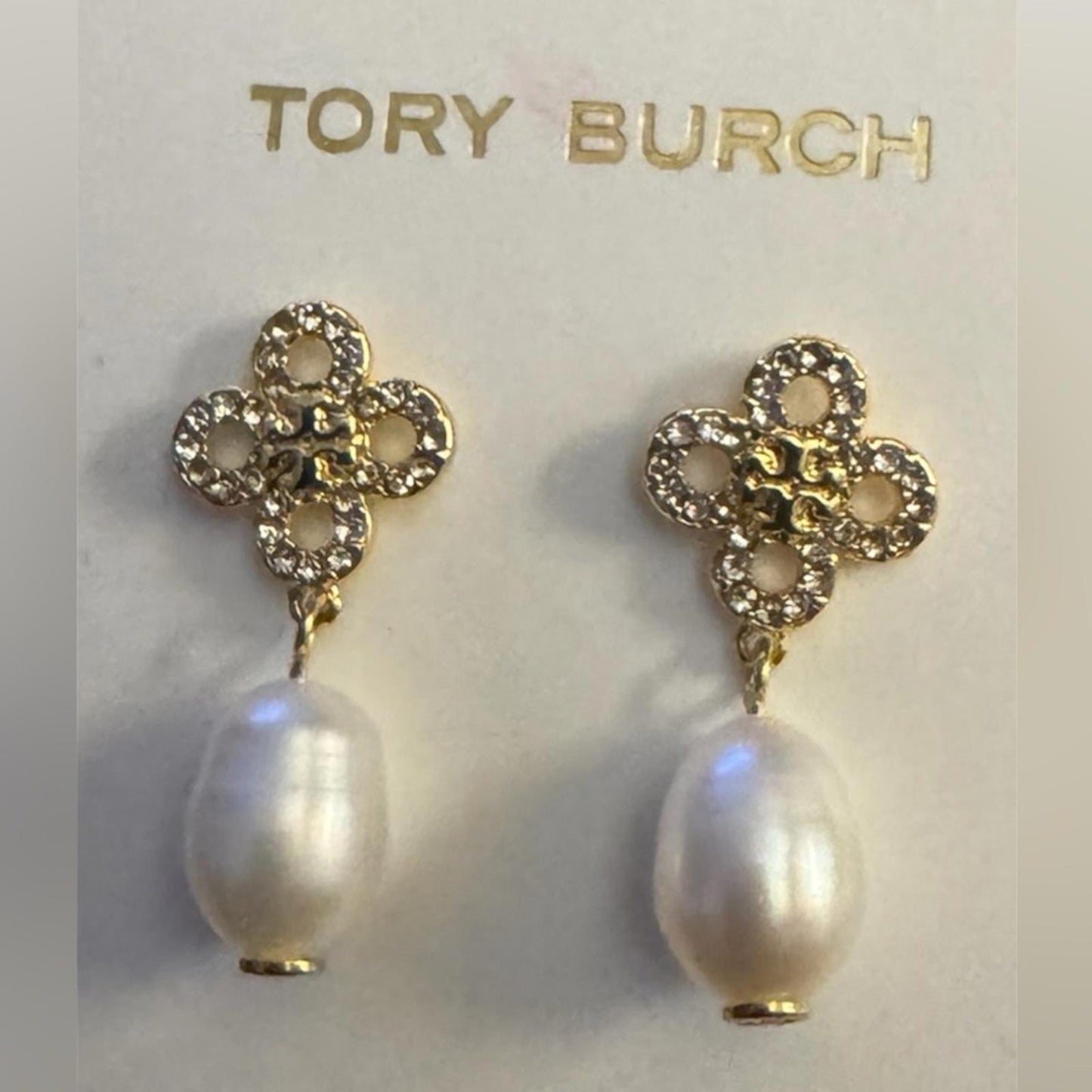 Tory Burch Gold Floral Earrings with Pearl Accent