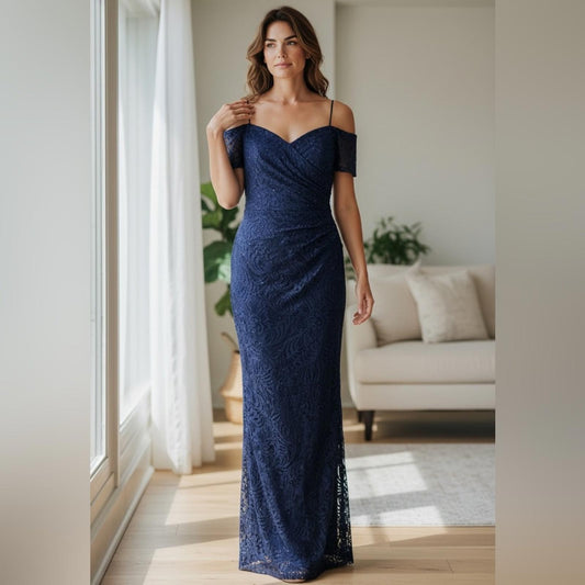Xscape Navy Blue Cold Shoulder Maxi Dress