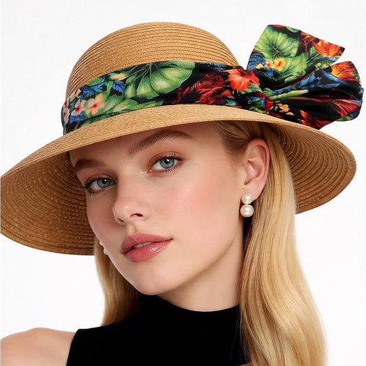 Elegant Tan Sun Hat with colorful Accent