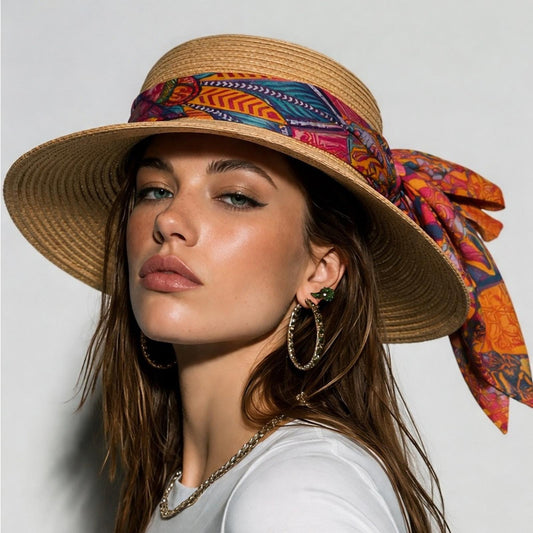 Elegant Tan Sun Hat with colorful Accent