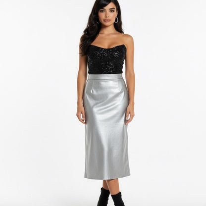 Vince Camuto Shimmering Silver Midi Skirt