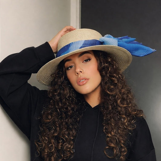 Elegant Tan Sun Hat with blue Accent