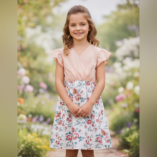 Floral Peach and White Girls Dress
