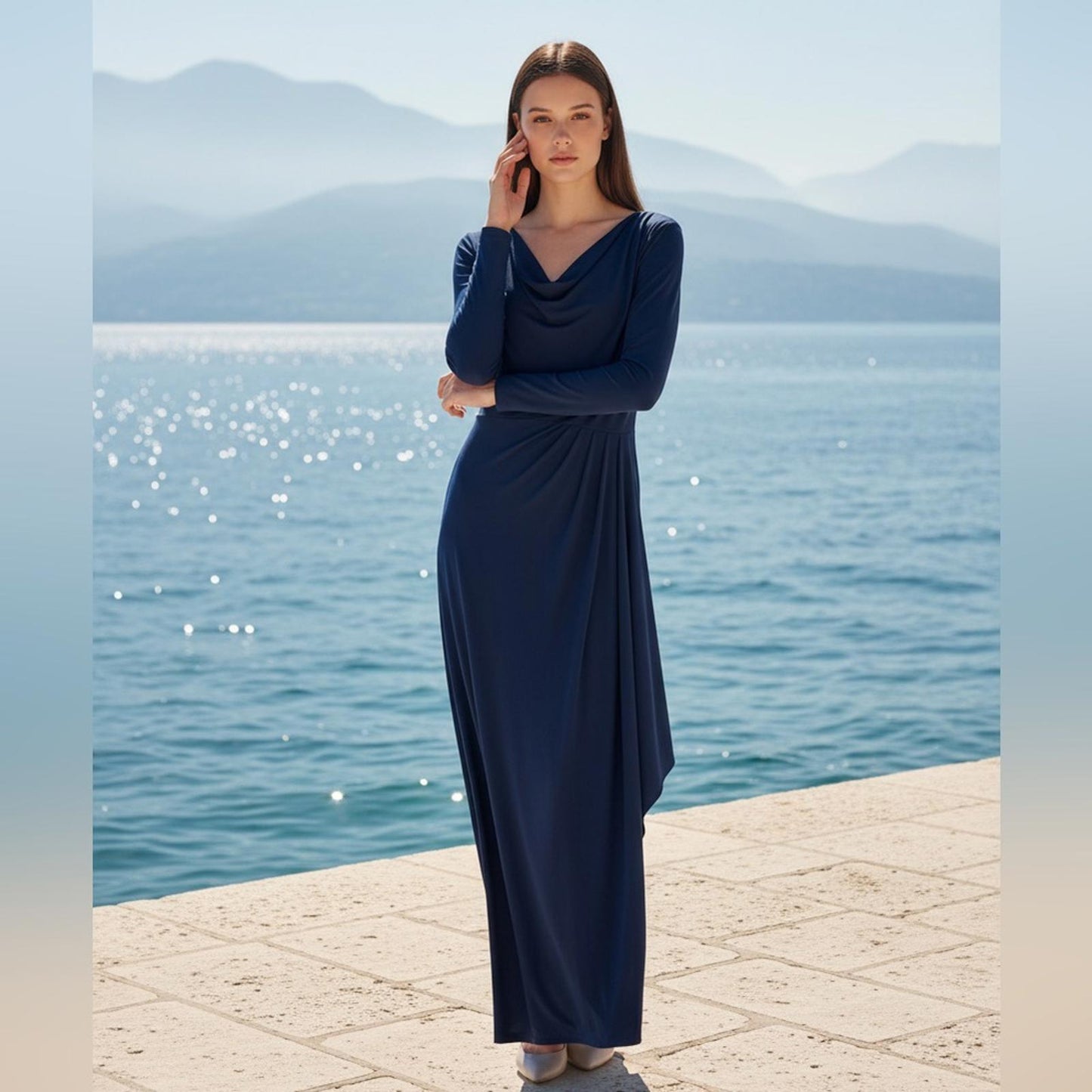 Betsy & Adam Navy Draped Gown