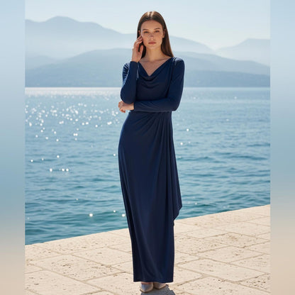 Betsy & Adam Navy Draped Gown
