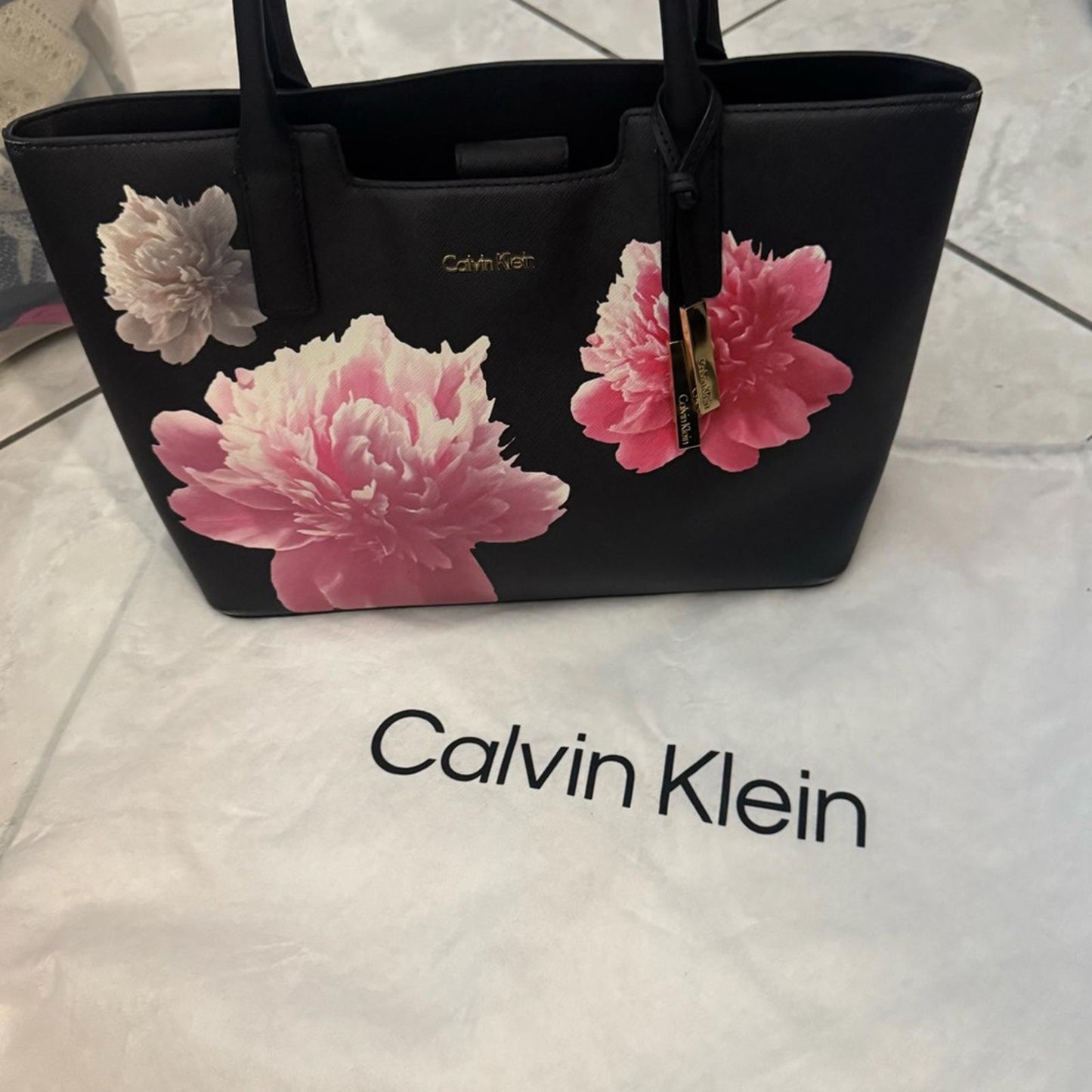 Pre-Love Calvin Klein Black Tote with Pink and White Floral Accents