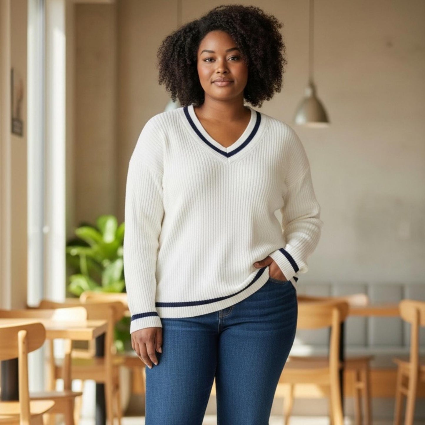 On 34th White V-Neck Sweater with Blue Trim