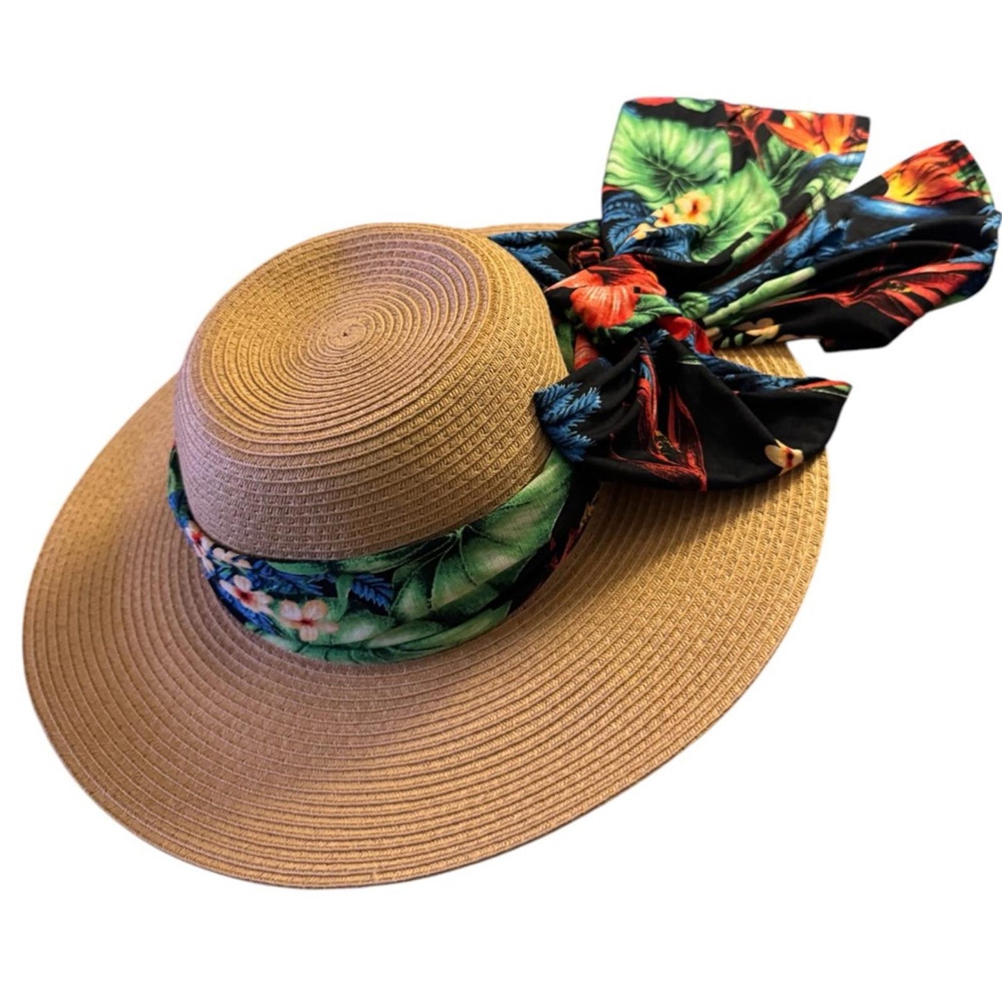 Elegant Tan Sun Hat with colorful Accent