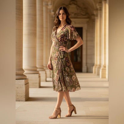 Lauren Ralph Lauren Floral Midi Dress in Green and Pink