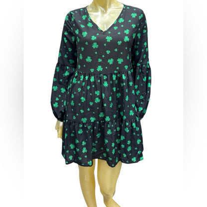 Roshop Black Dress with Green Clover Print