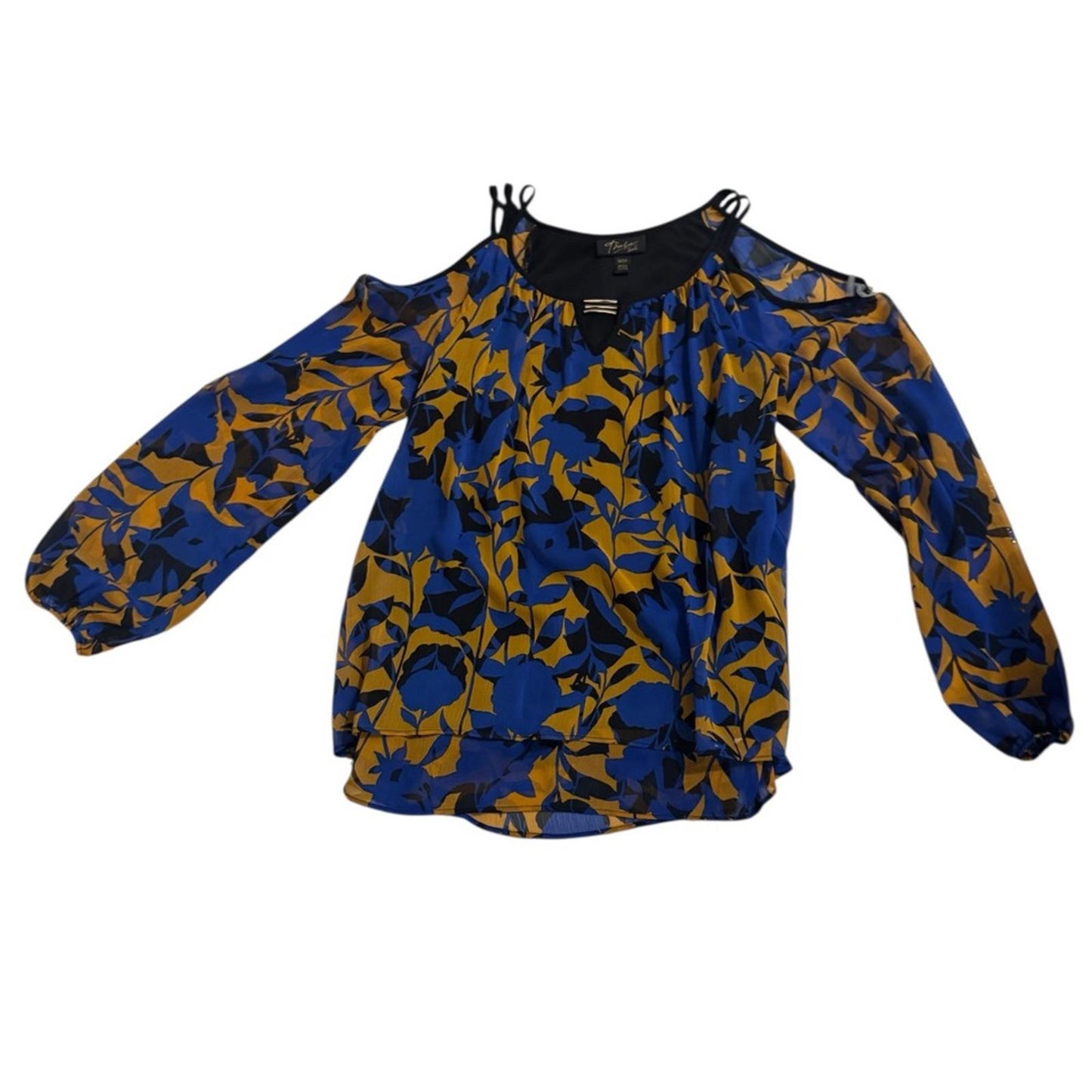 Pre-Love Elegant Women's Cold Shoulder Blouse in Blue and Gold