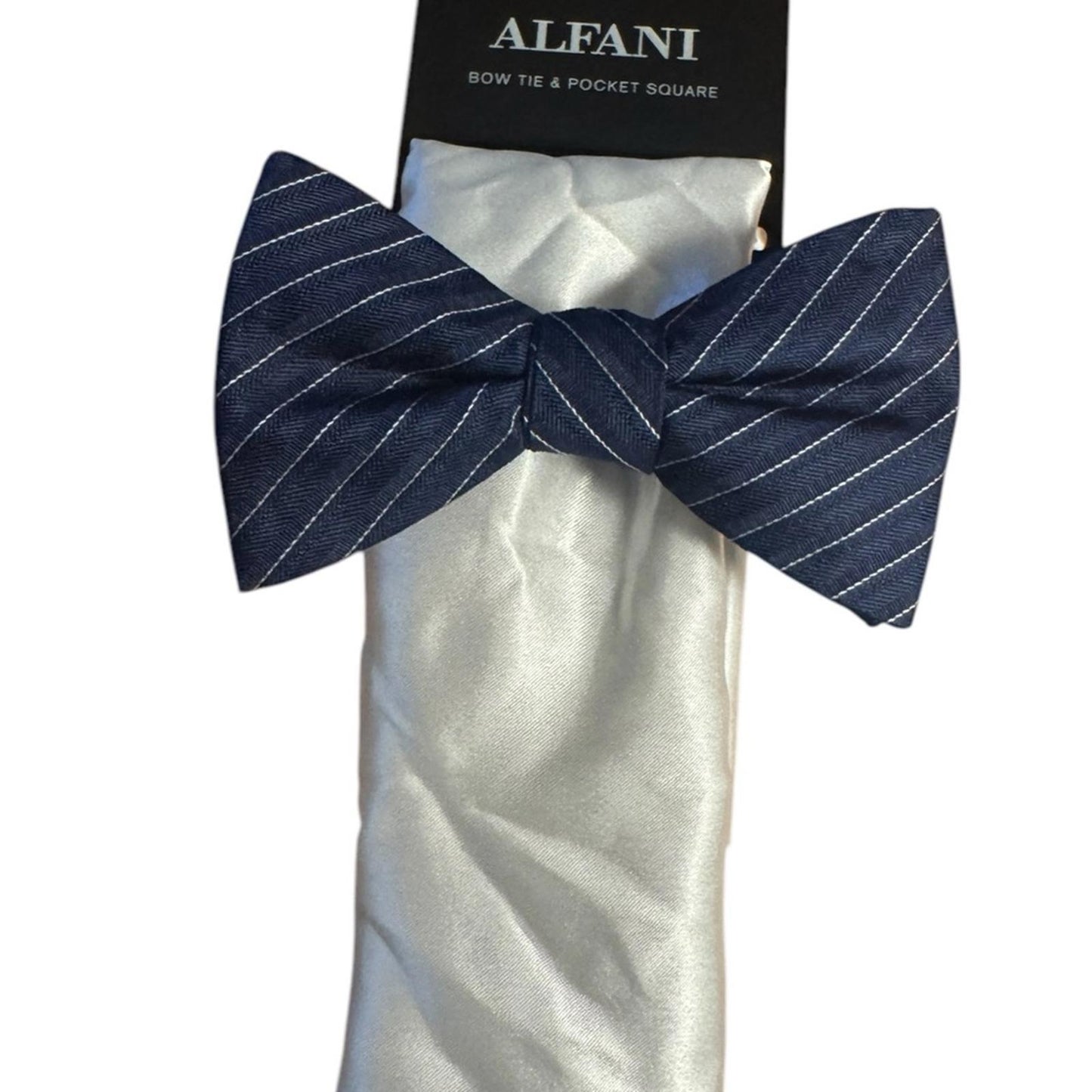 Alfani Navy Striped Bow Tie and White Pocket Square Set