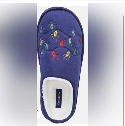 Mens Faux Fur Lined Embroidered Slide Slippers