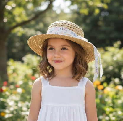 Girls Yellow Straw Hat with Floral Ribbon
