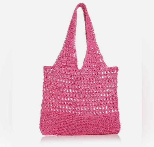 Aqua Bloomingdale’s Exclusive Handcrafted Pink Crochet Tote Bag