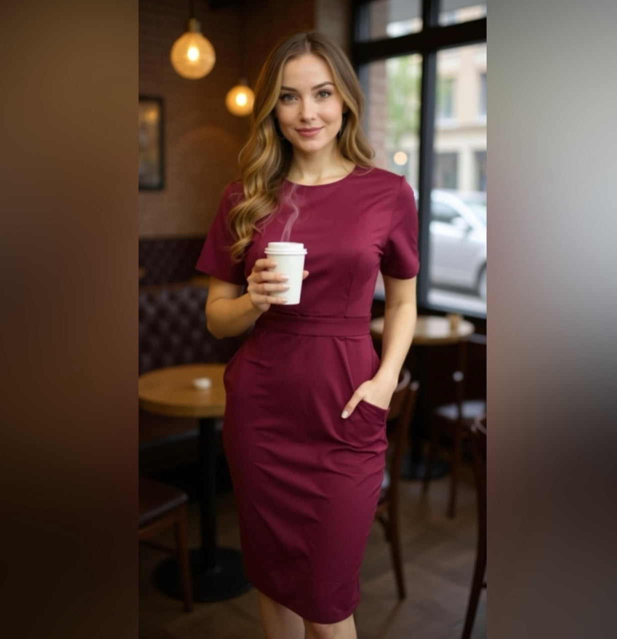 Women’s burgundy short sleeve with pockets dress