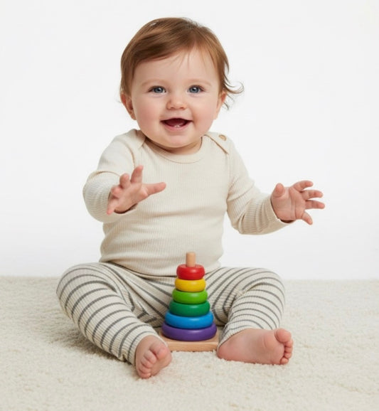 Cream and Black Striped Leggings with Tapered Fit