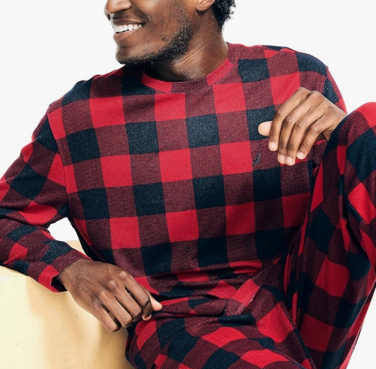 Nautica Men's L/S Crew Tee and Jogger Waffle Knit Plaid Pajama Pant Set