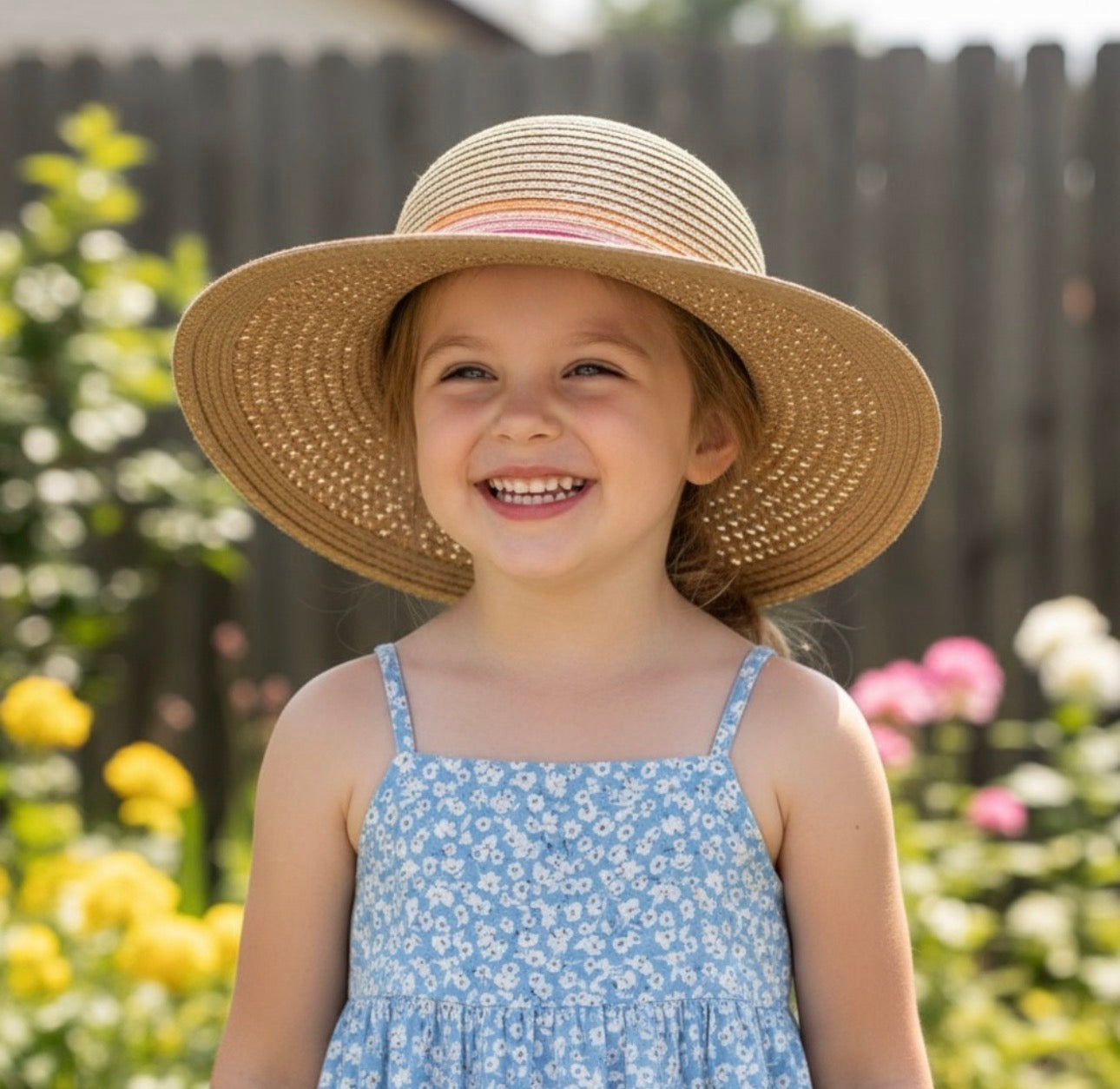 Girls Stylish Tan Sun Hat with Colorful Bands