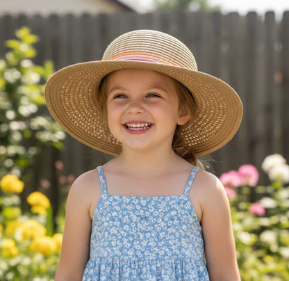 Girls Stylish Tan Sun Hat with Colorful Bands