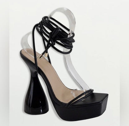 Bella Marie-Elegant Black Platform round Heels, square toe, ankle tie strap