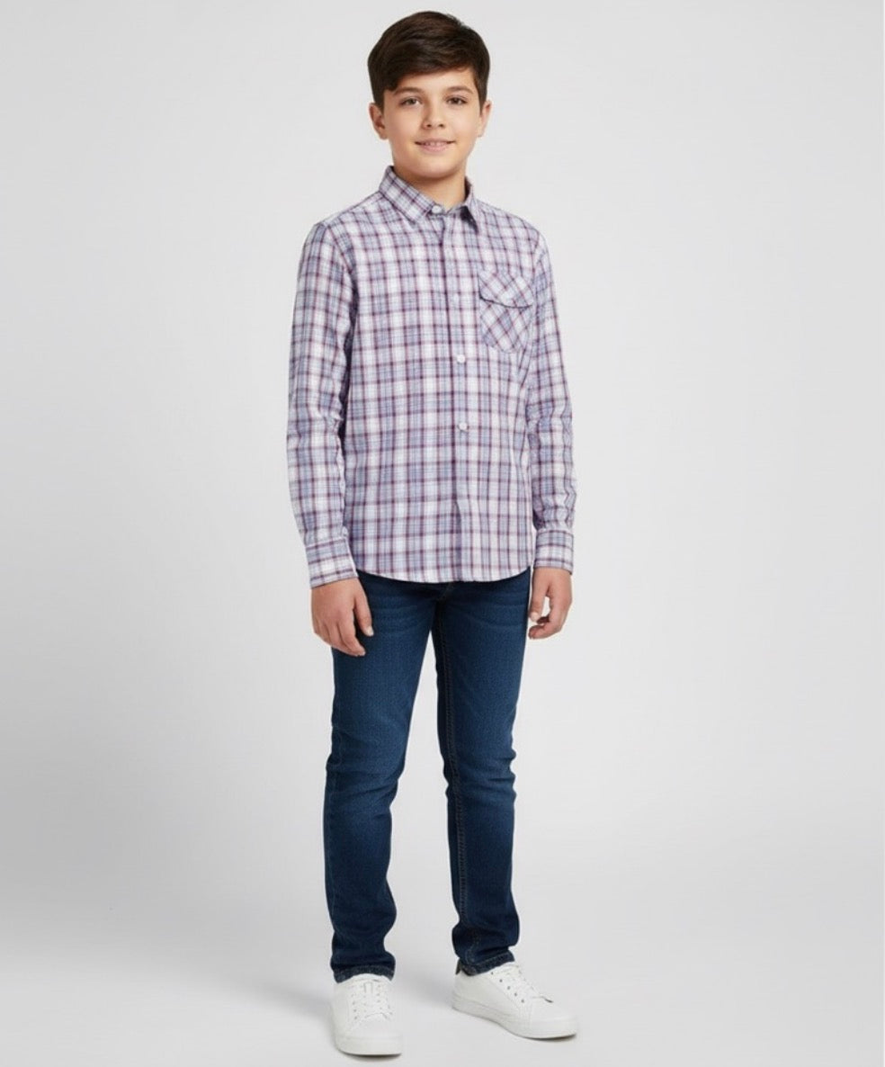 Plaid Boys Shirt— Maroon and Blue
