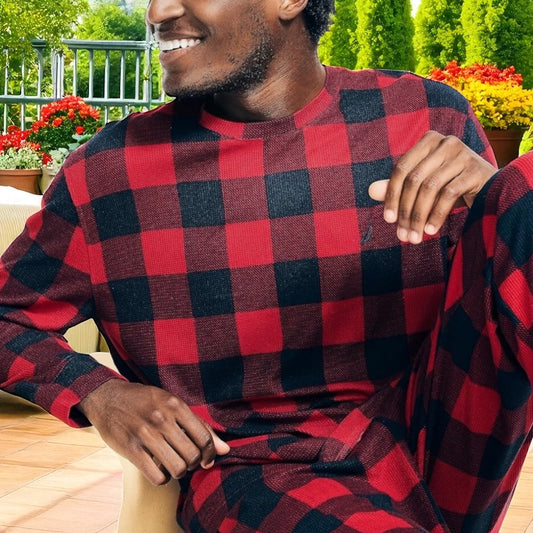 Nautica Men's L/S Crew Tee and Jogger Waffle Knit Plaid Pajama Pant Set