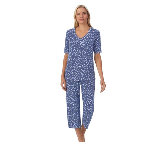 Cuddl Duds Blue and light blue Leopard Print V-Neck Pj Top with pocket
